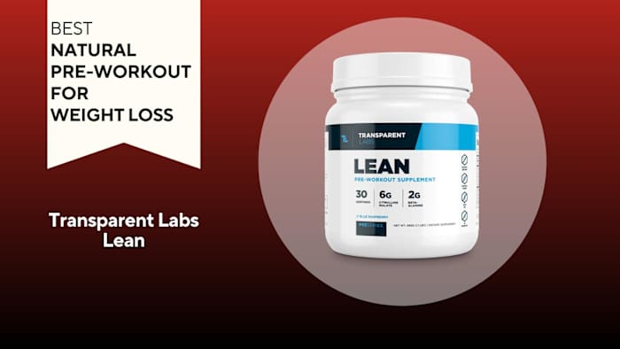 A red background with a white banner reading "Best Natural Pre-Workout for Weight Loss" next to a white and navy container of Transparent Labs Lean